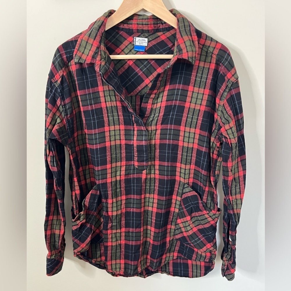 Kavu Red Green Plaid Flannel Popover Long Sleeve Size Small